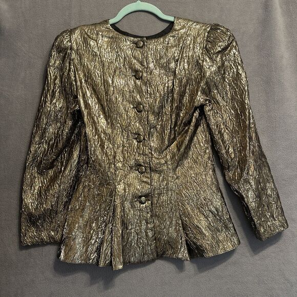 VTG 80's Patra Metallic Gold Lamé Peplum Top Puff Sleeve Size 7/8 Retro Glam - Picture 2 of 6